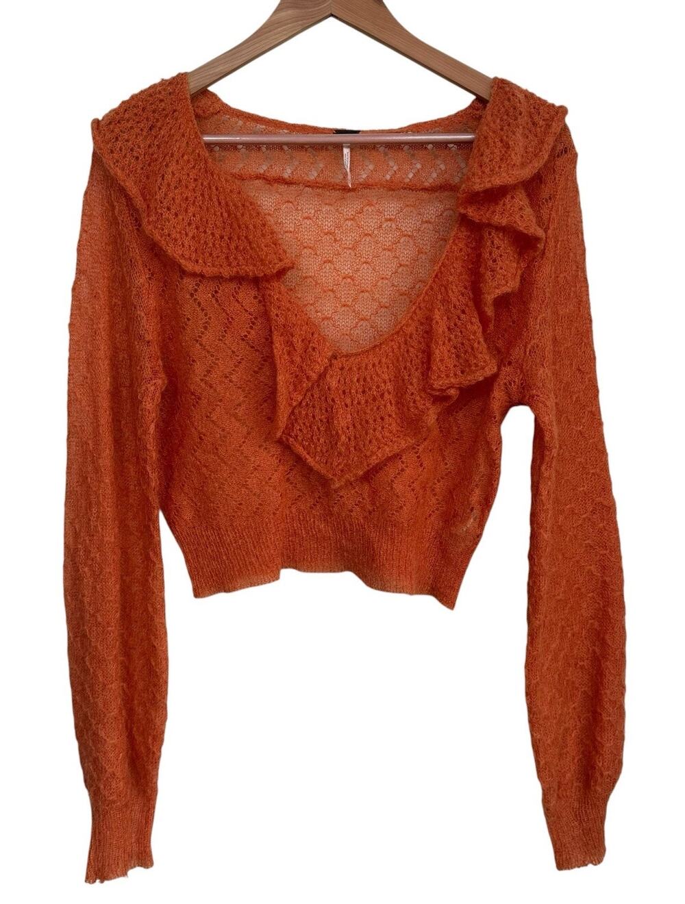 Free People Boho Orange Macaroon Ruffled-Neck Mohair Wool Cropped Sweater Medium